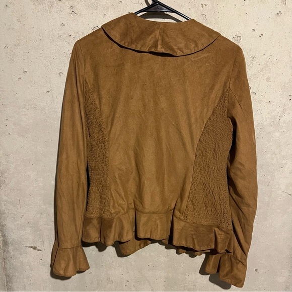 Jones New York Signature Womens Size 8 Faux Suede Zip Up Jacket Brown Ruffle - Picture 7 of 11